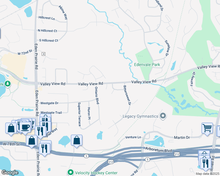 map of restaurants, bars, coffee shops, grocery stores, and more near 7436 Eide Knoll in Eden Prairie