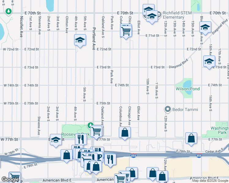 map of restaurants, bars, coffee shops, grocery stores, and more near 7427 Park Avenue in Minneapolis