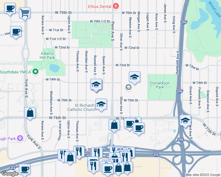 map of restaurants, bars, coffee shops, grocery stores, and more near 7420 Penn Avenue South in Minneapolis