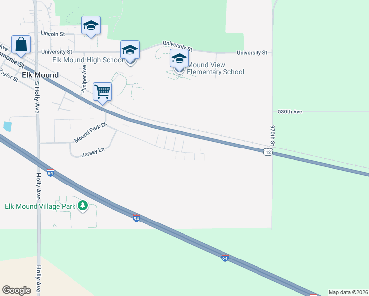 map of restaurants, bars, coffee shops, grocery stores, and more near 224 Independence Drive in Elk Mound
