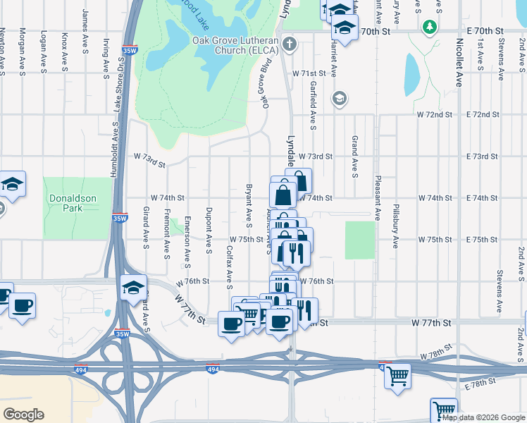 map of restaurants, bars, coffee shops, grocery stores, and more near 7429 Aldrich Avenue South in Minneapolis