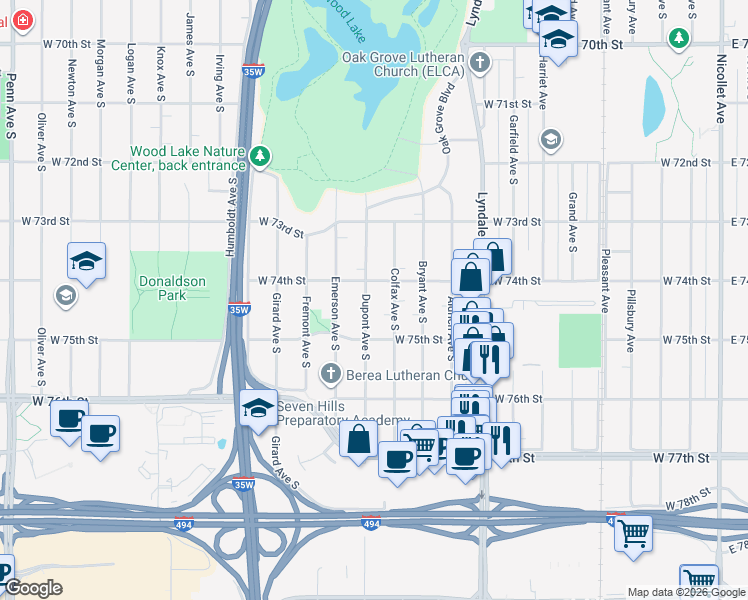 map of restaurants, bars, coffee shops, grocery stores, and more near 7428 Colfax Avenue South in Minneapolis