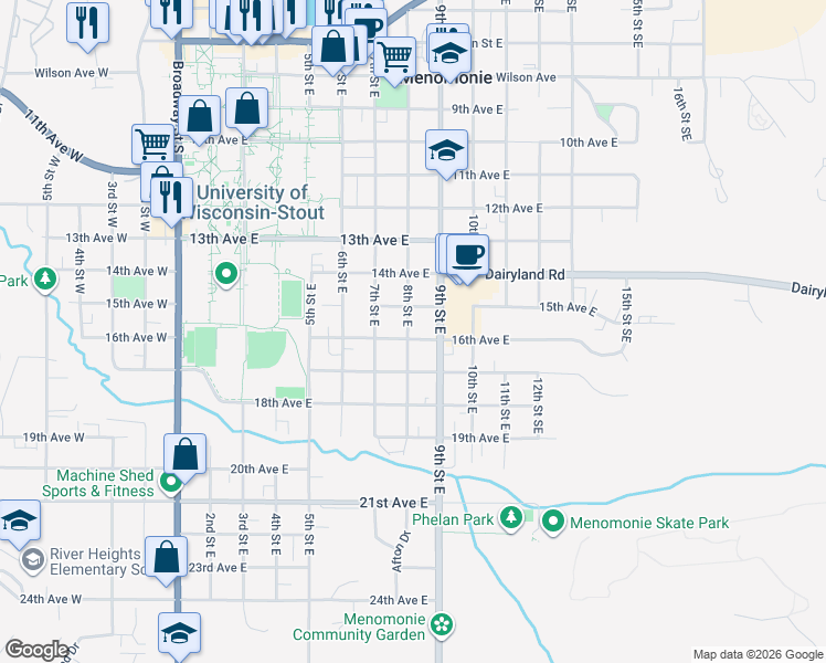 map of restaurants, bars, coffee shops, grocery stores, and more near 1609 9th Street East in Menomonie