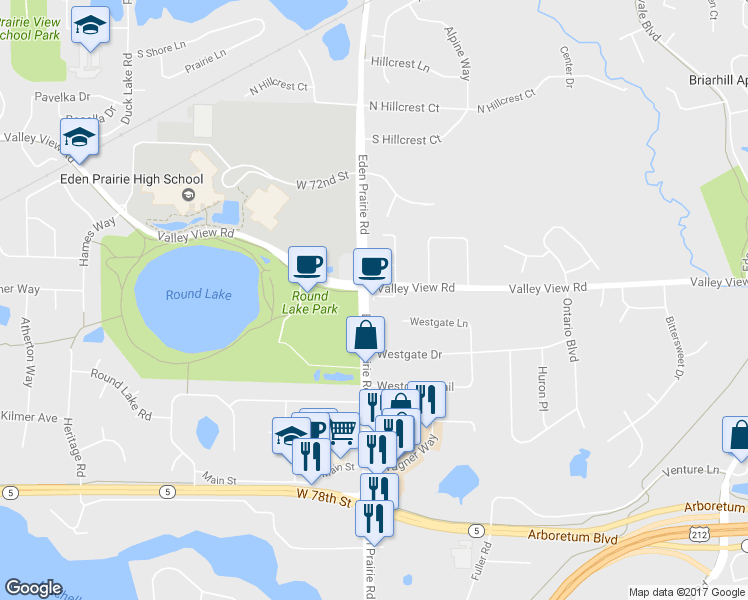 map of restaurants, bars, coffee shops, grocery stores, and more near 7447 Eden Prairie Road in Eden Prairie