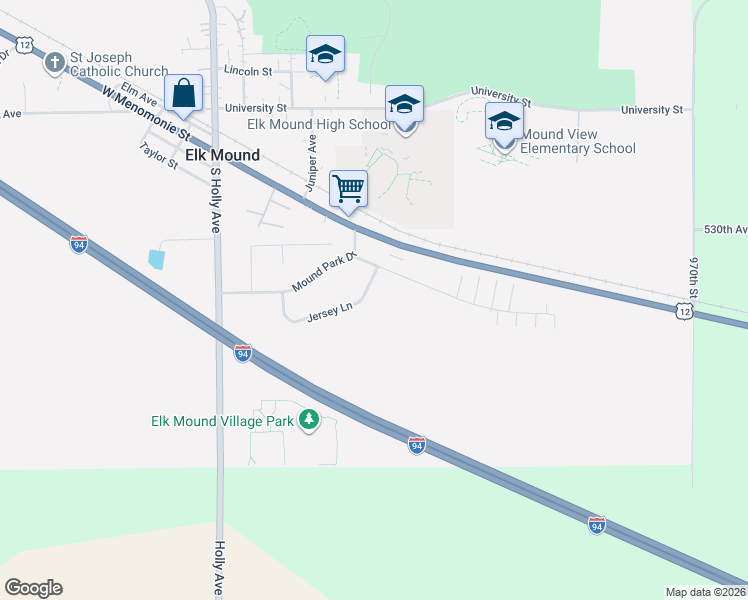 map of restaurants, bars, coffee shops, grocery stores, and more near 206 Jersey Lane in Elk Mound