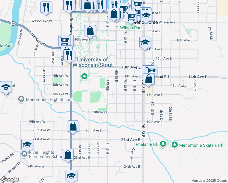 map of restaurants, bars, coffee shops, grocery stores, and more near 1608 6th Street East in Menomonie