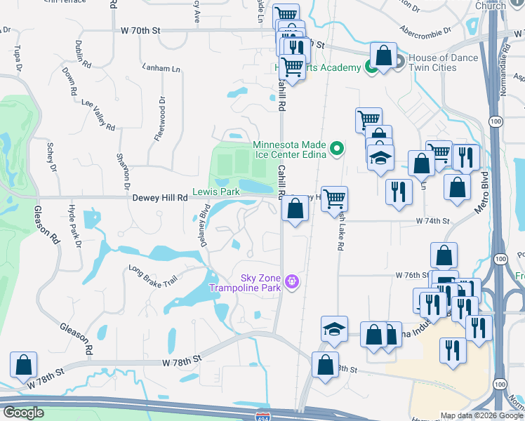 map of restaurants, bars, coffee shops, grocery stores, and more near 7426 Cahill Road in Minneapolis