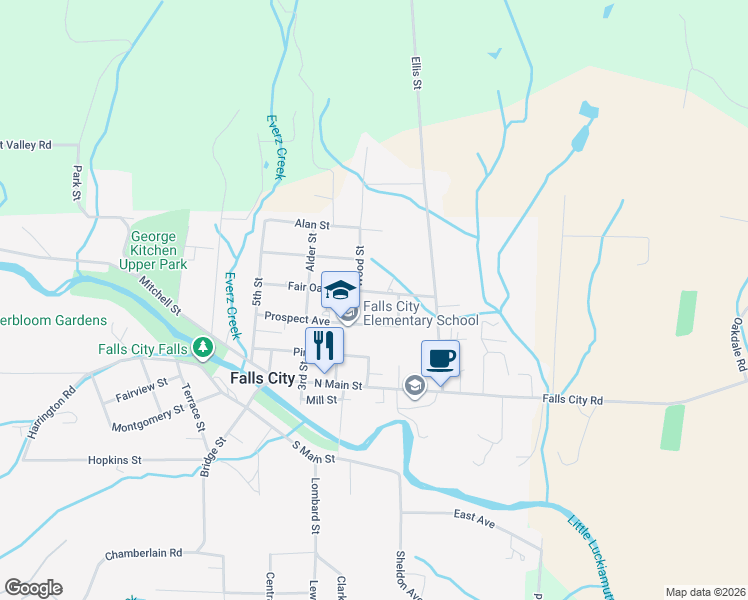 map of restaurants, bars, coffee shops, grocery stores, and more near 68 Prospect Avenue in Falls City