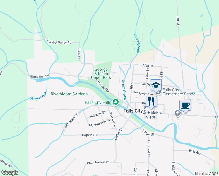 map of restaurants, bars, coffee shops, grocery stores, and more near 670 Mitchell Street in Falls City