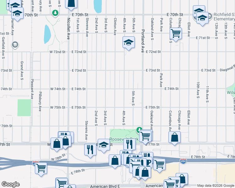 map of restaurants, bars, coffee shops, grocery stores, and more near 7429 Clinton Avenue in Minneapolis
