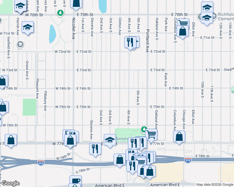 map of restaurants, bars, coffee shops, grocery stores, and more near 7433 3rd Avenue South in Minneapolis