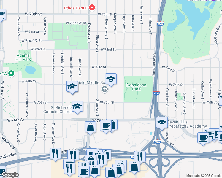 map of restaurants, bars, coffee shops, grocery stores, and more near 7461 Oliver Avenue South in Minneapolis