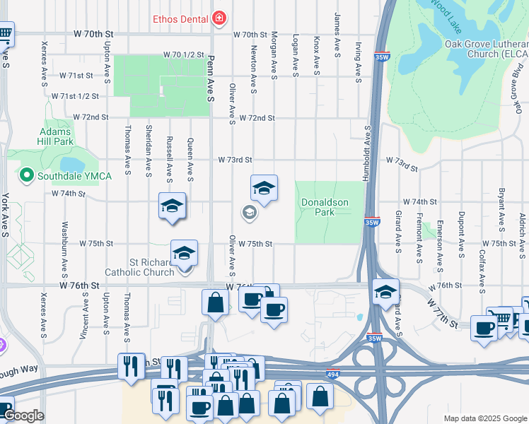 map of restaurants, bars, coffee shops, grocery stores, and more near 7461 Oliver Avenue South in Richfield