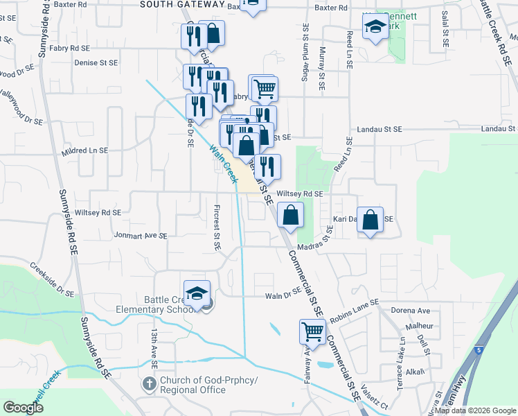 map of restaurants, bars, coffee shops, grocery stores, and more near 1743 Madras Street Southeast in Salem