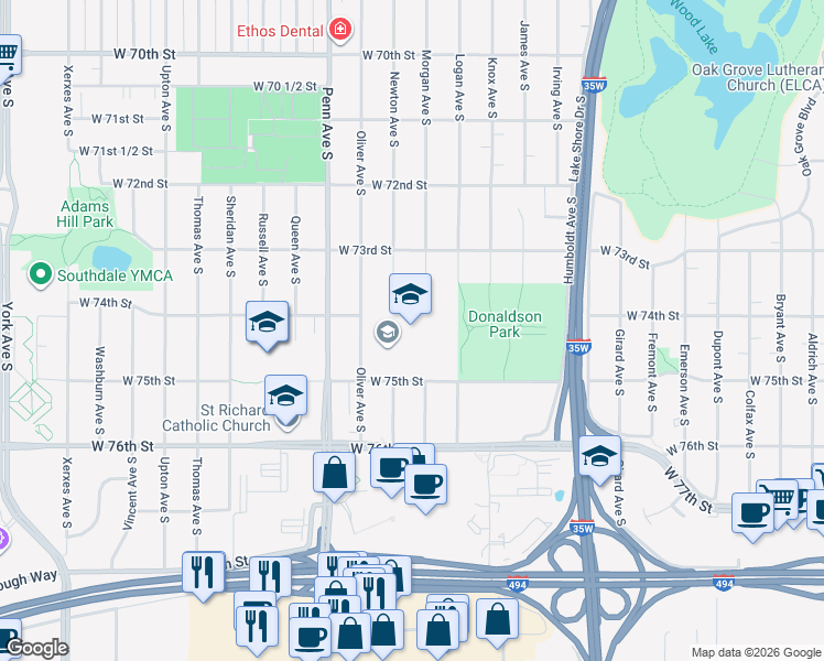 map of restaurants, bars, coffee shops, grocery stores, and more near 7461 Oliver Avenue South in Richfield