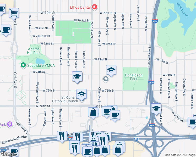 map of restaurants, bars, coffee shops, grocery stores, and more near 7434 Oliver Avenue South in Minneapolis