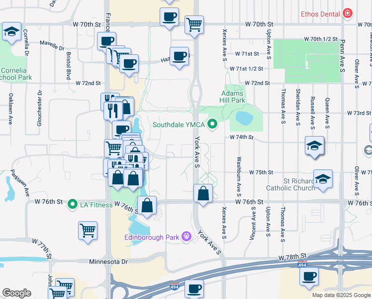 map of restaurants, bars, coffee shops, grocery stores, and more near 3451 Parklawn Avenue in Edina