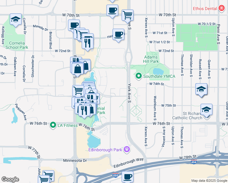 map of restaurants, bars, coffee shops, grocery stores, and more near 3451 Parklawn Avenue in Edina