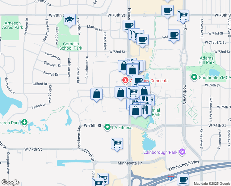 map of restaurants, bars, coffee shops, grocery stores, and more near in Edina