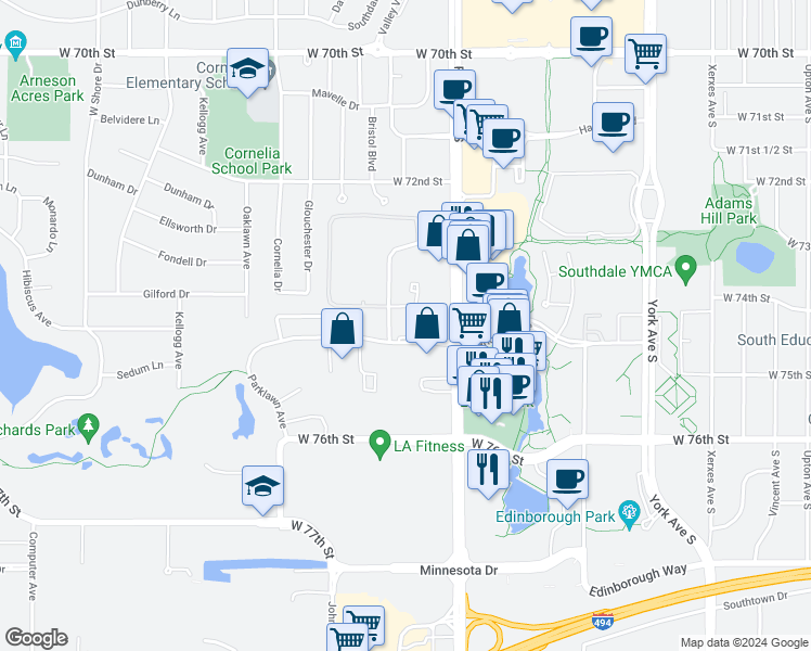 map of restaurants, bars, coffee shops, grocery stores, and more near in Edina