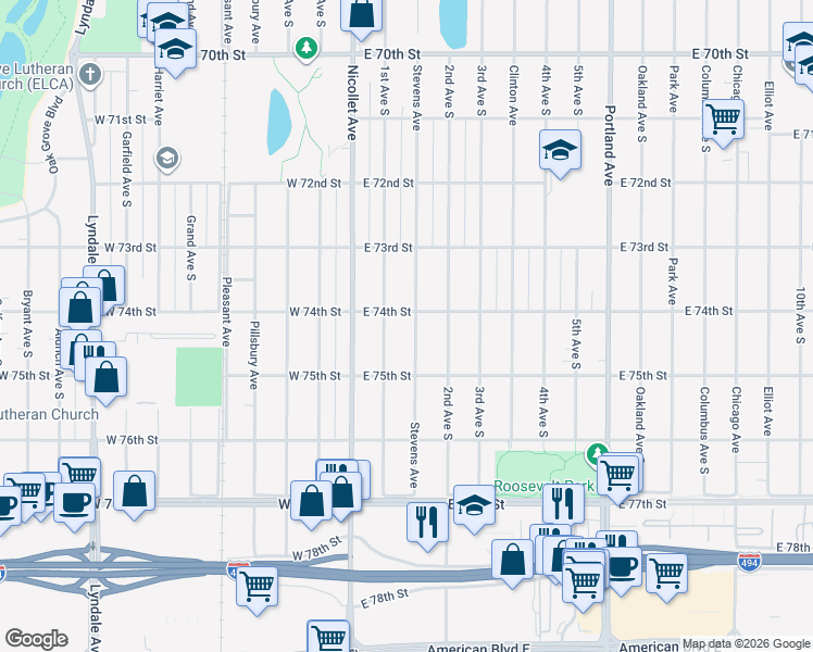 map of restaurants, bars, coffee shops, grocery stores, and more near 7426 Stevens Avenue in Minneapolis