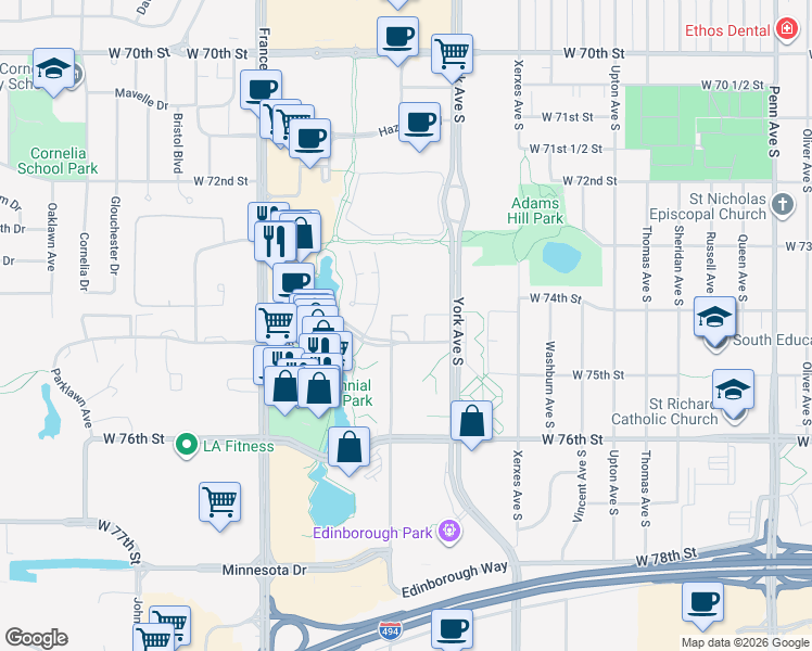 map of restaurants, bars, coffee shops, grocery stores, and more near 3400 Parklawn Avenue in Edina
