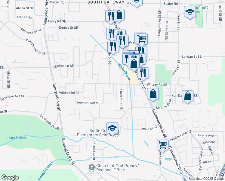 map of restaurants, bars, coffee shops, grocery stores, and more near 1539 Madelyn Avenue Southeast in Salem