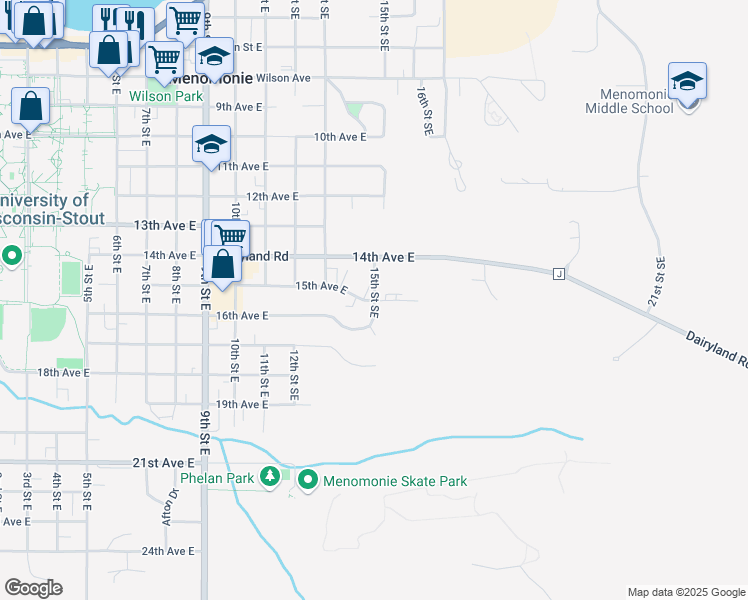 map of restaurants, bars, coffee shops, grocery stores, and more near 1499 15th Street Southeast in Menomonie