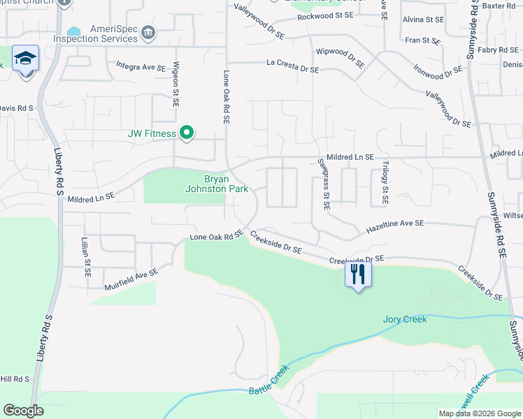 map of restaurants, bars, coffee shops, grocery stores, and more near 5915 Lone Oak Road Southeast in Salem