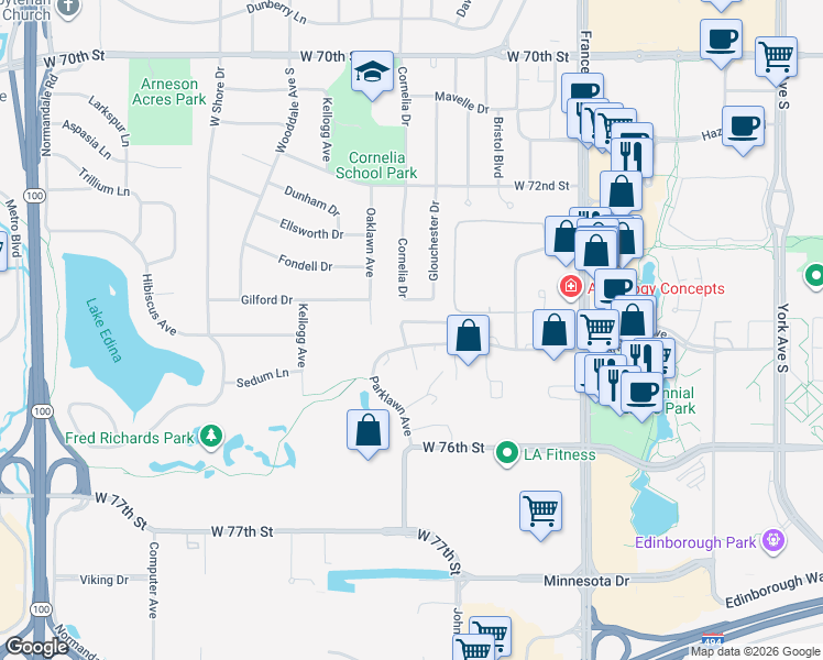 map of restaurants, bars, coffee shops, grocery stores, and more near 4280 Parklawn Avenue in Minneapolis