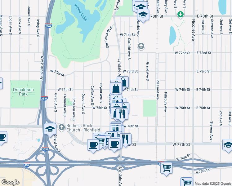 map of restaurants, bars, coffee shops, grocery stores, and more near 7337 Aldrich Avenue South in Minneapolis