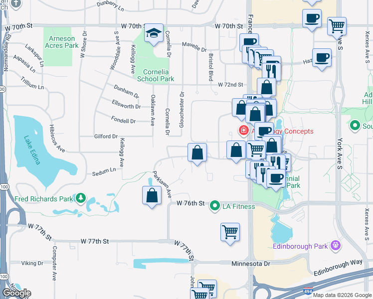 map of restaurants, bars, coffee shops, grocery stores, and more near 7321 Glouchester Drive in Minneapolis