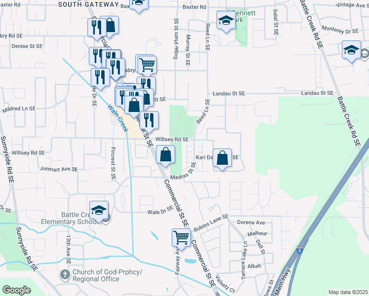 map of restaurants, bars, coffee shops, grocery stores, and more near 5943 Blue River Drive Southeast in Salem