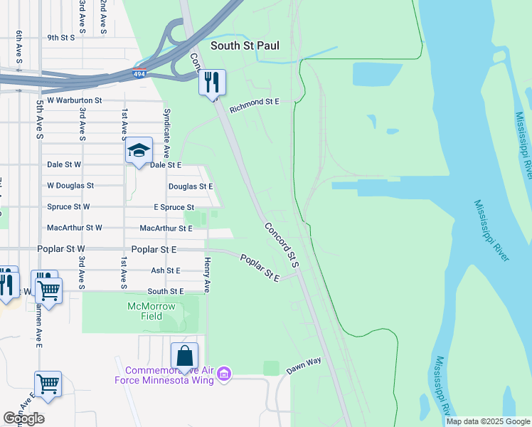 map of restaurants, bars, coffee shops, grocery stores, and more near 1301 Concord Street South in South Saint Paul