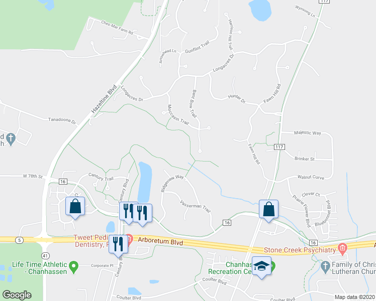 map of restaurants, bars, coffee shops, grocery stores, and more near 7508 Bent Bow Trail in Chanhassen
