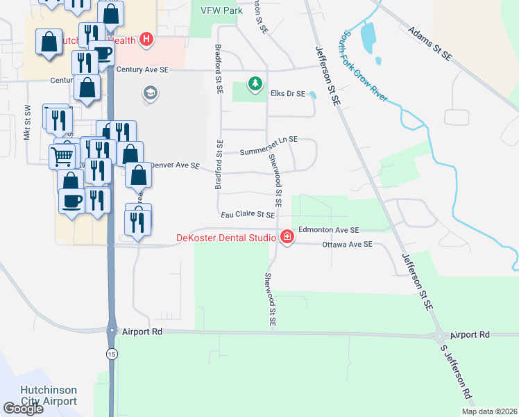 map of restaurants, bars, coffee shops, grocery stores, and more near 166 Detroit Avenue Southeast in Hutchinson