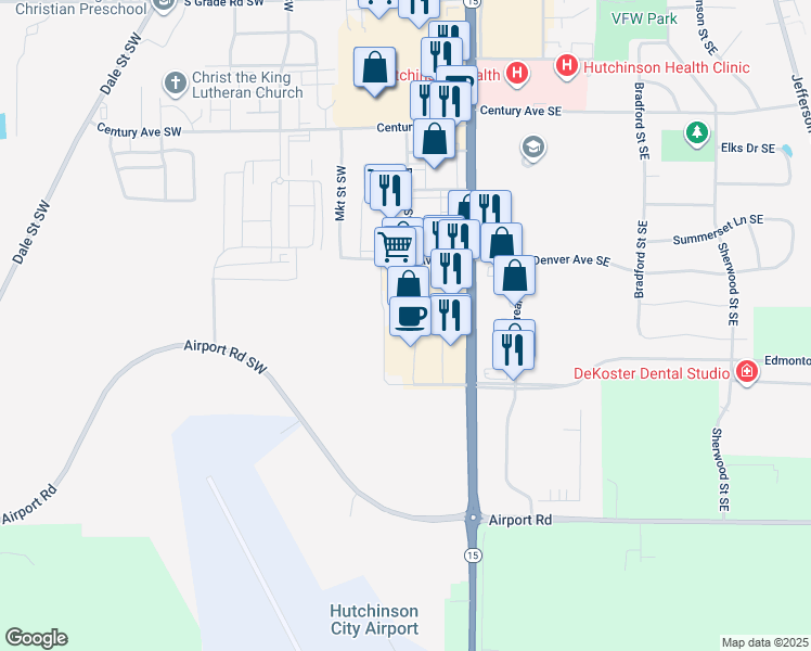 map of restaurants, bars, coffee shops, grocery stores, and more near 1370 Highway 15 in Hutchinson
