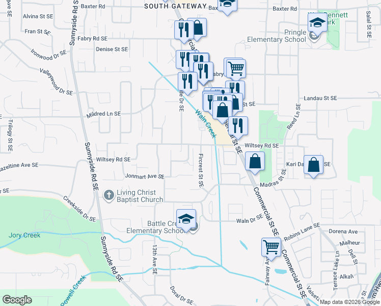 map of restaurants, bars, coffee shops, grocery stores, and more near 1549 Wiltsey Road Southeast in Salem
