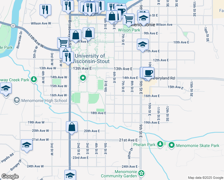 map of restaurants, bars, coffee shops, grocery stores, and more near 1412 6th Street East in Menomonie