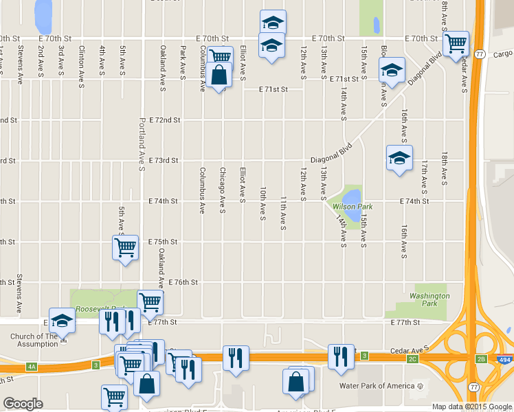 map of restaurants, bars, coffee shops, grocery stores, and more near 7338 10th Avenue South in Minneapolis