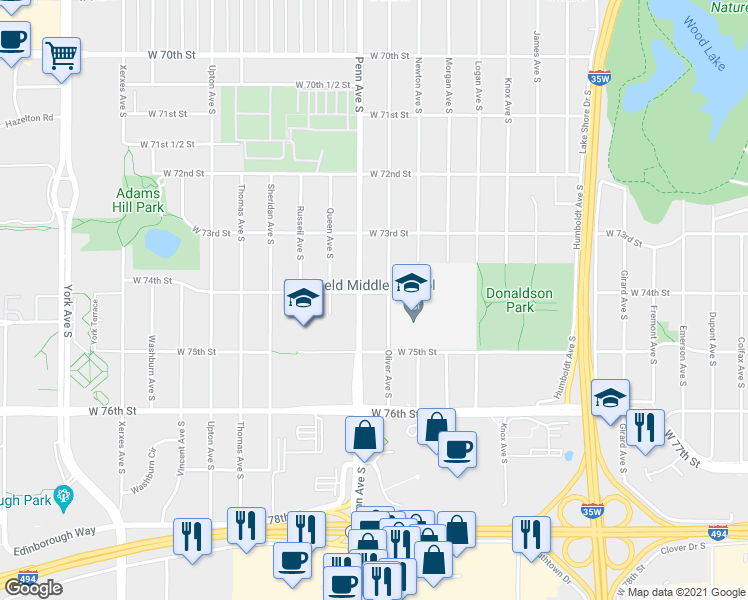 map of restaurants, bars, coffee shops, grocery stores, and more near 7338 Oliver Avenue South in Minneapolis