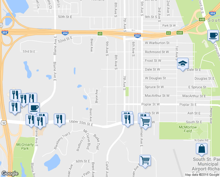 map of restaurants, bars, coffee shops, grocery stores, and more near 1303 9th Avenue South in South St. Paul