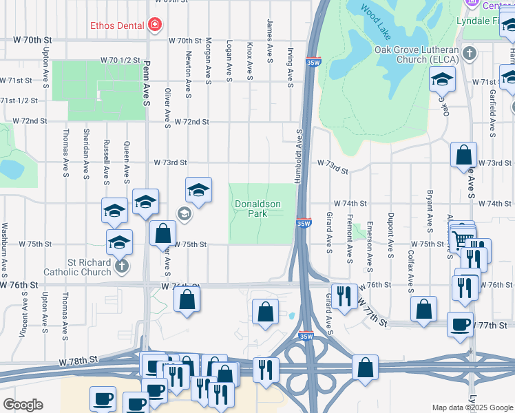 map of restaurants, bars, coffee shops, grocery stores, and more near 7434 Humboldt Avenue South in Richfield