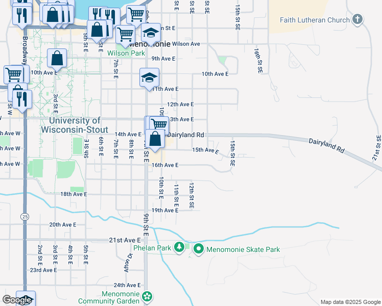 map of restaurants, bars, coffee shops, grocery stores, and more near 1416 12th Street Southeast in Menomonie