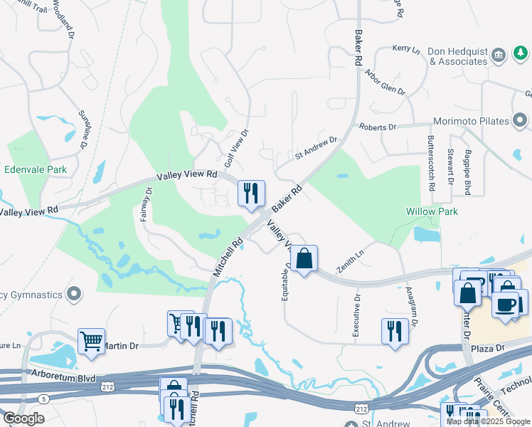 map of restaurants, bars, coffee shops, grocery stores, and more near Valley View Road & Mitchell Road in Eden Prairie