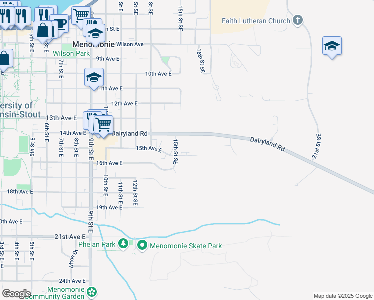 map of restaurants, bars, coffee shops, grocery stores, and more near 1602 14th Avenue East in Menomonie