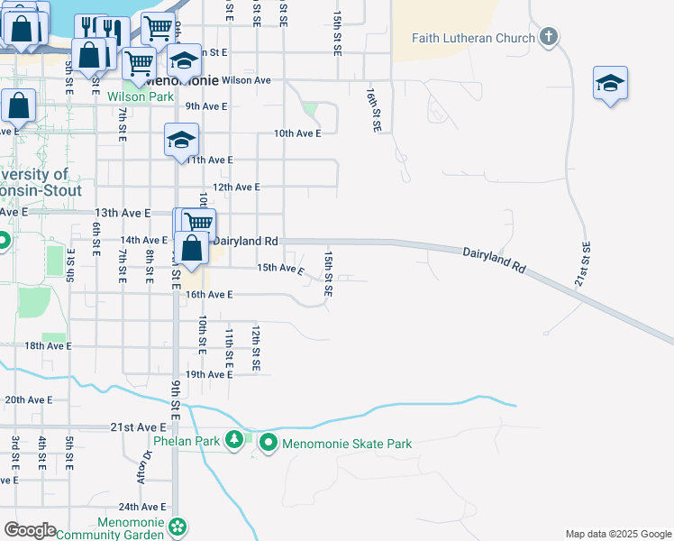 map of restaurants, bars, coffee shops, grocery stores, and more near 1401 15th Street Southeast in Menomonie