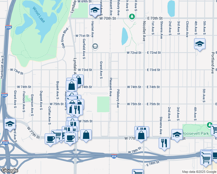 map of restaurants, bars, coffee shops, grocery stores, and more near 7338 Pleasant Avenue in Minneapolis