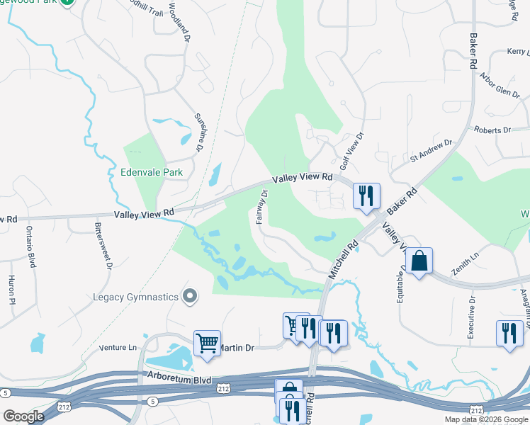 map of restaurants, bars, coffee shops, grocery stores, and more near 14432 Fairway Drive in Eden Prairie