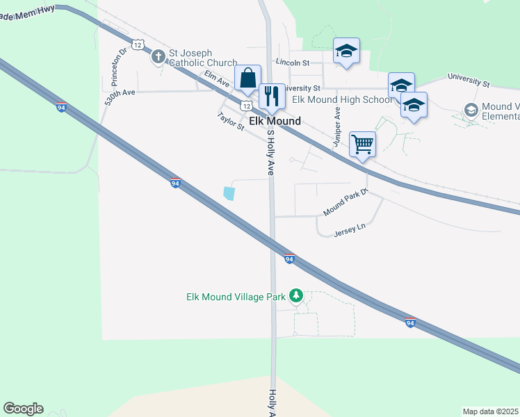map of restaurants, bars, coffee shops, grocery stores, and more near 220 South Holly Avenue in Elk Mound